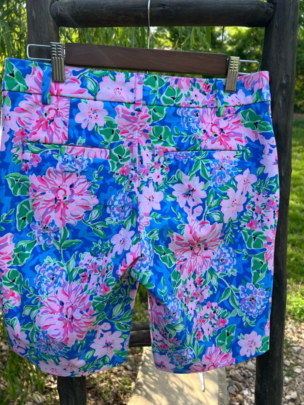 Lilly Pulitzer Natia Knit Blue Floral Bermuda Shorts with Pink Accents - Picture 2 of 8